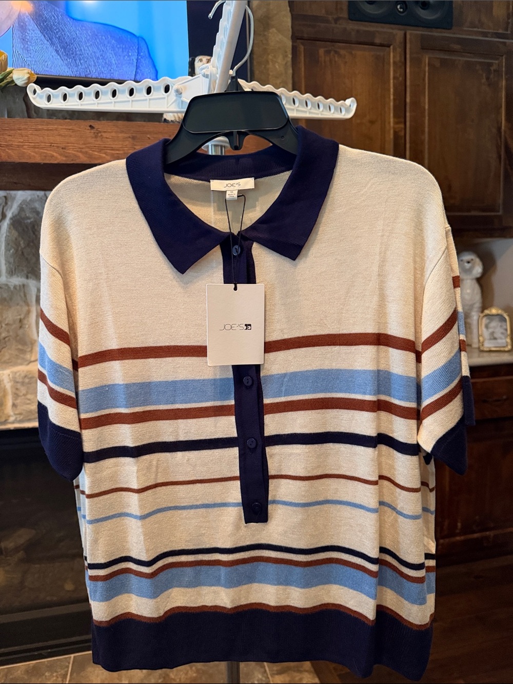 Joe's Jeans Short-Sleeve Striped Polo in Cream, Navy, Light Blue, and Brown NEW